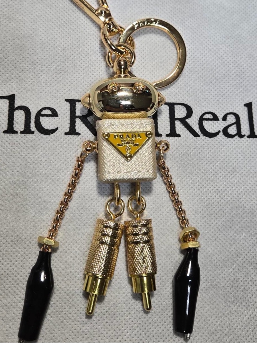 PRADA Robot Saffiano Leather Bag Charm / Key Holder in Gold and Black